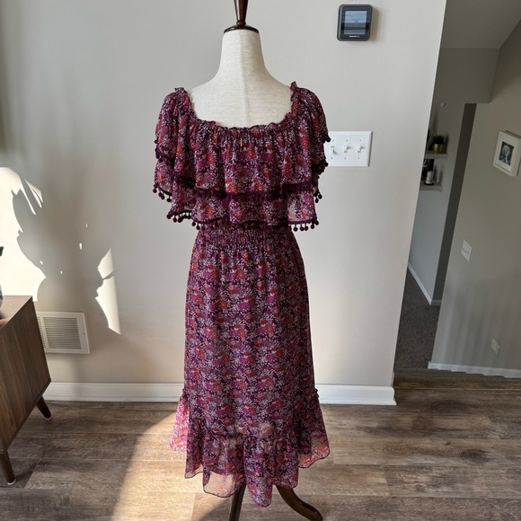 MISA Los Angeles Maribel Off Shoulder Floral Pattern Tiered Pom Pom Midi Dress - Picture 4 of 10